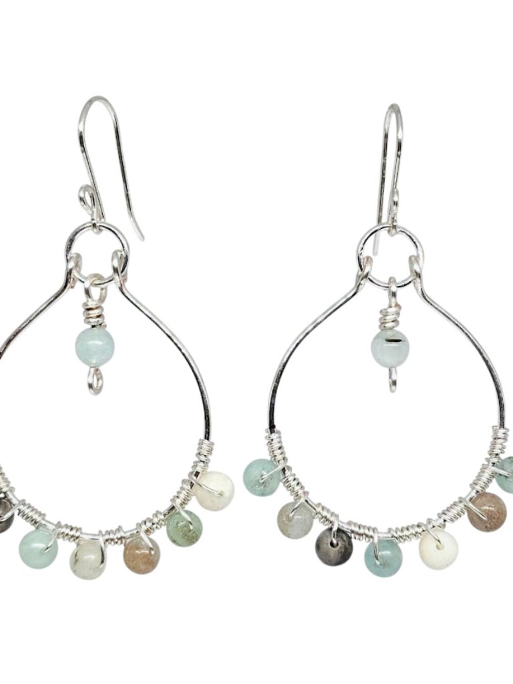 Handmade Amazonite Gemstone Beaded Hoop Earrings Silver Wire Wrap Boho Dangle